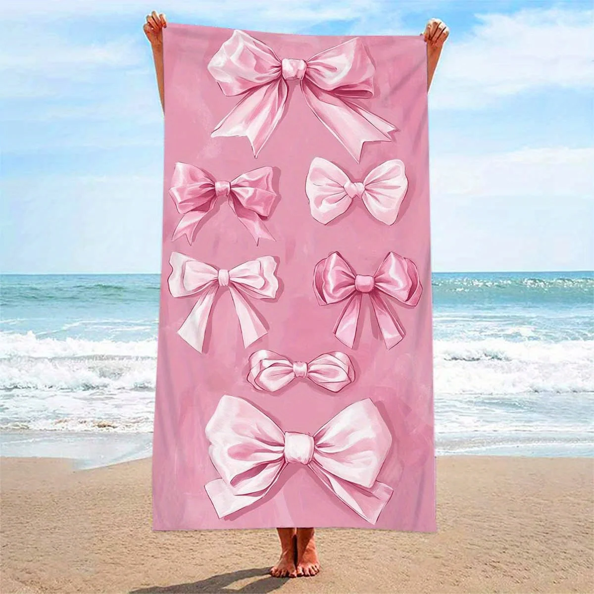 Pink Bow Pattern Beach Towel for Summer Patterned Sunscreen And Windproof Suitable For Swimming Pool Camping Travel Blanket