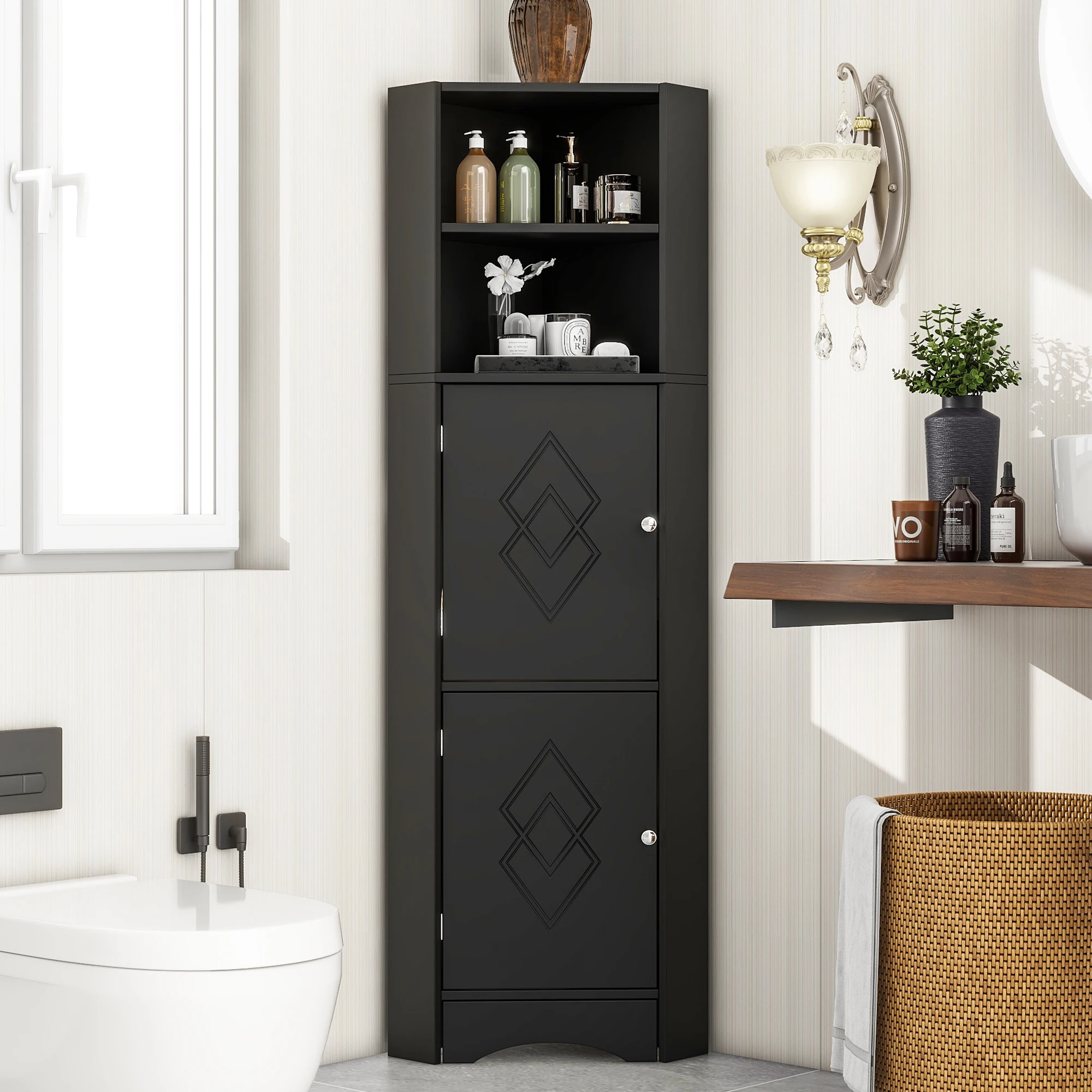 VSOGA Bathroom wardrobe, corner wardrobe with two storage compartments, open compartment with adjustable floor, 36.5x36.5x155 cm, Black