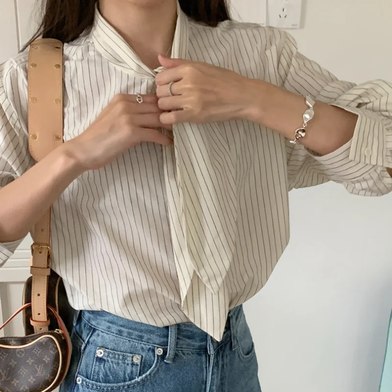 Vintage Floating Led Striped Shirt Women Simple Basic Dark Gray White Sweet Long Sleeve Loose Korean Chic Female Shirt Top