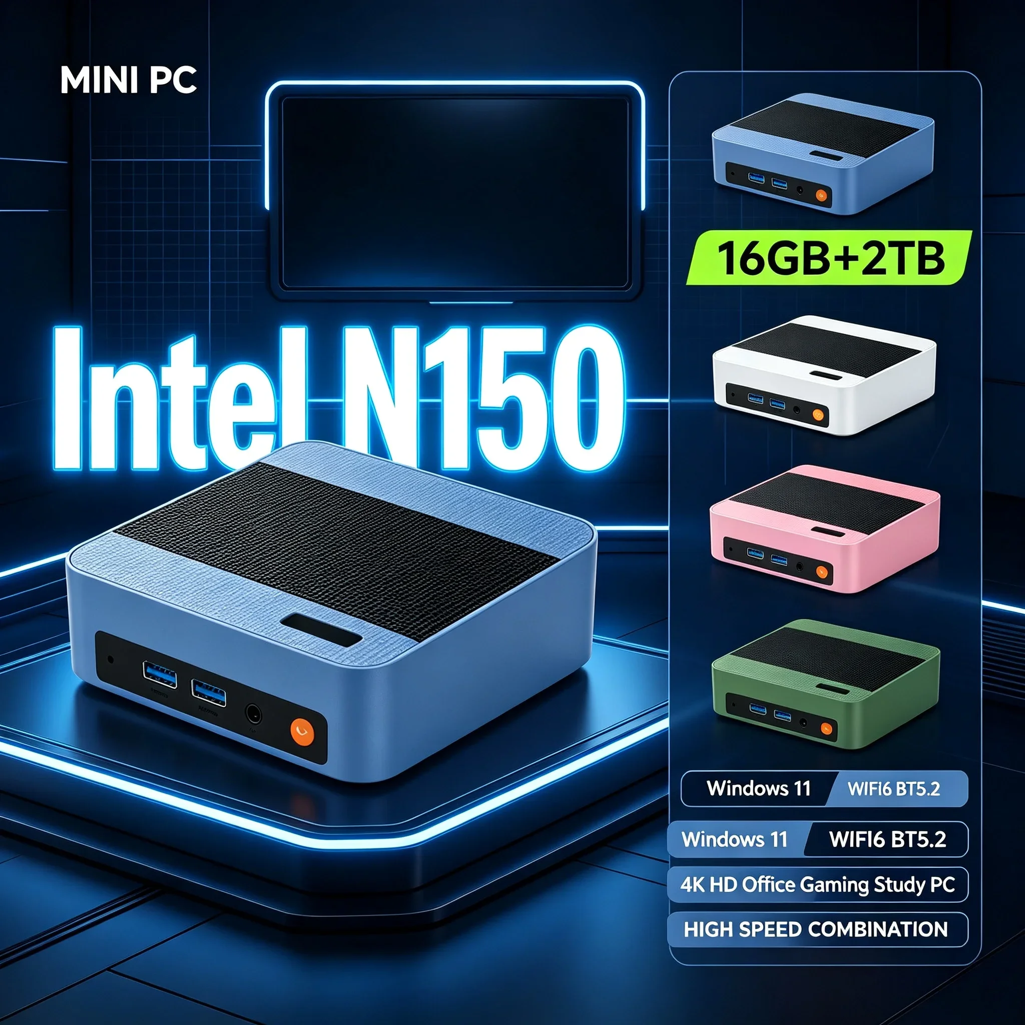 Mini PC Intel N150 Processor Windows11 16GB RAM 1TB 2TB SSD WiFi 6 BT5.2 Office Mini Computer Host for Daily Business Tasks