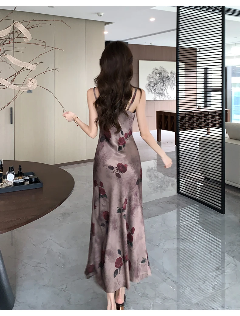 Vestido vintage floral estampado cetim feminino estilo francês vestido longo preguiçoso elegante