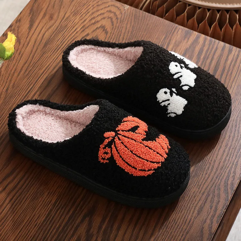 

Unisex Winter Plush Slippers Women's Halloween Pumpkin Ghost Thickened Fleeces Warm Home Slippers Soft Flat House Cotton Shoes