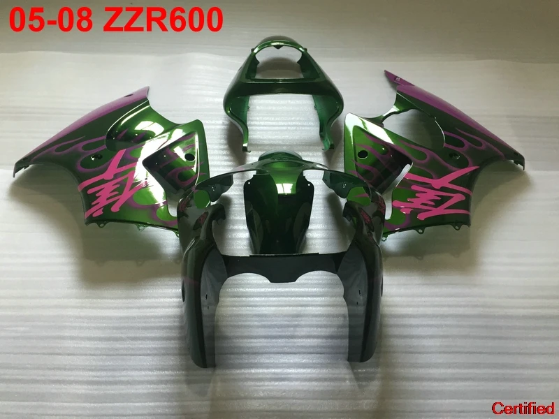 

Injection Hot Sale Fairing Kit For Kawasaki Ninja ZZR600 05 06 07 08 Pink Flames Green Fairings Set ZZR600 2005-2008 OT07