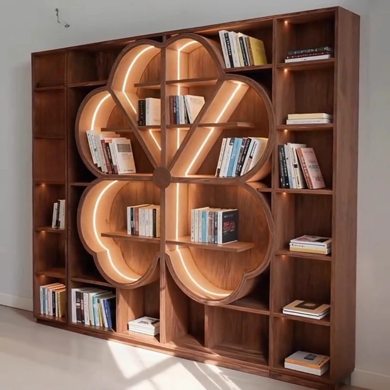 New Chinese black walnut bookcase bookshelf integrated against the wall solid wood study living room large bookcase with lamp