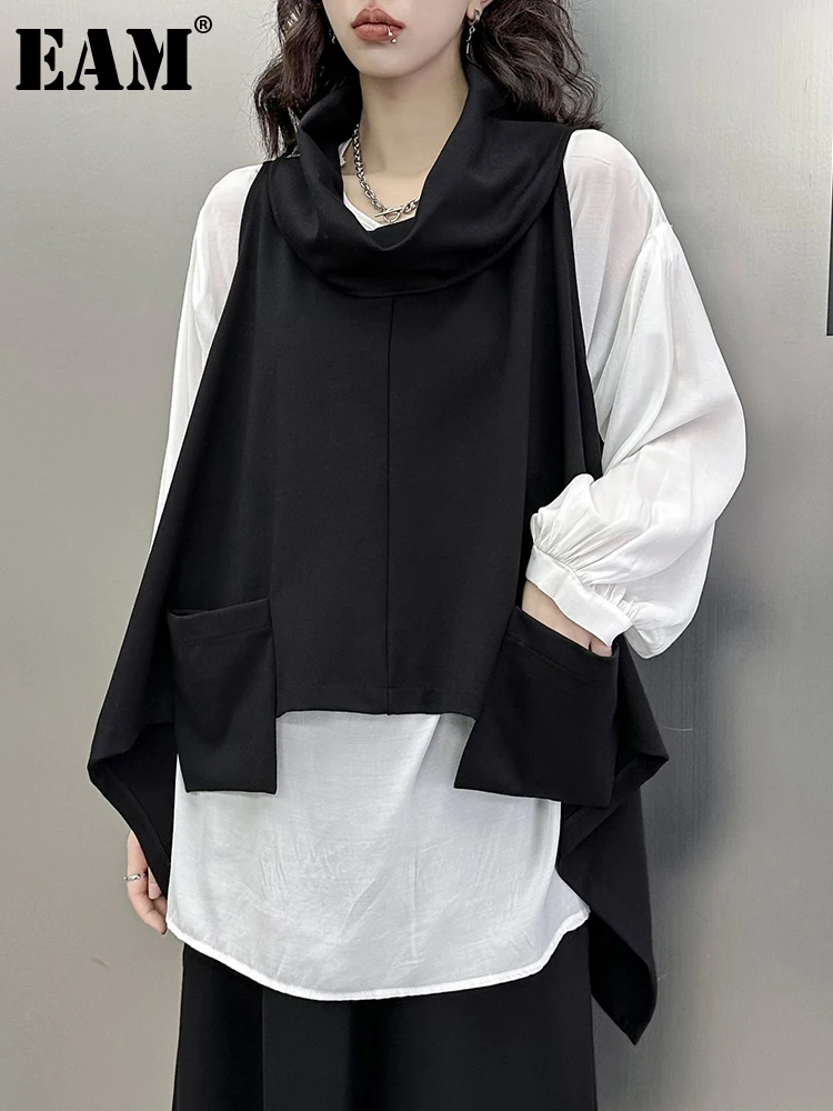 

[EAM] Women Black Irregular Big Size T-shirt New Round Neck Long Sleeve Two Pieces Fashion Tide Spring Autumn 2024 1DF5985