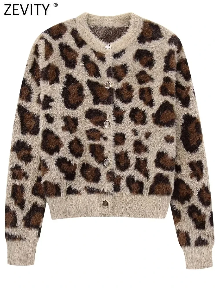 

Zevity 2023 Women Vintage Leopard Pattern Fur Effective Knitting Sweater Female Chic Buttons Cardigan Coats Tops CT5834