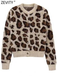 Zevity 2023 Women Vintage Leopard Pattern Fur Effective Knitting Sweater Female Chic Buttons Cardigan Coats Tops CT5834