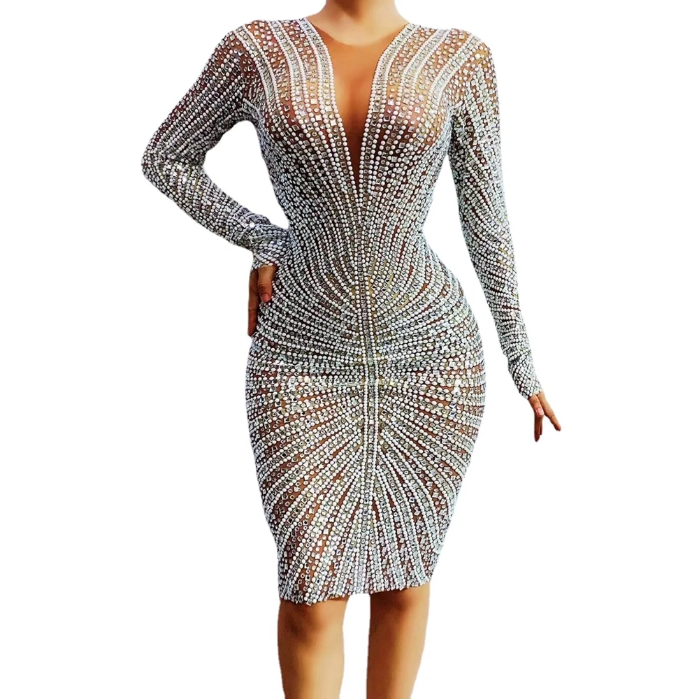 Luxurious Rhinestones Long Sleeve Short Dress Evening Birthday Evening Party Gown Dress Singer Stage Wear Sexy Transparent Dress