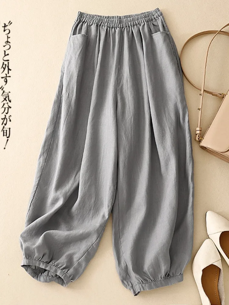 Good Quality Thin Breathable Summer Fashion Cotton Linen Lantern Pants for Women Solid Color Elastic Waist Simple Basic Trouser
