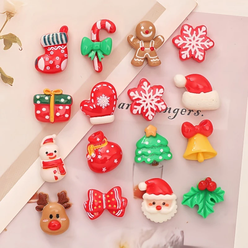 10pcs Mini Christmas Resin Figurine Crafts Cute Reindeer Xmas Tree Santa Claus Flatback Cabochon Ornaments DIY New Year Gifts