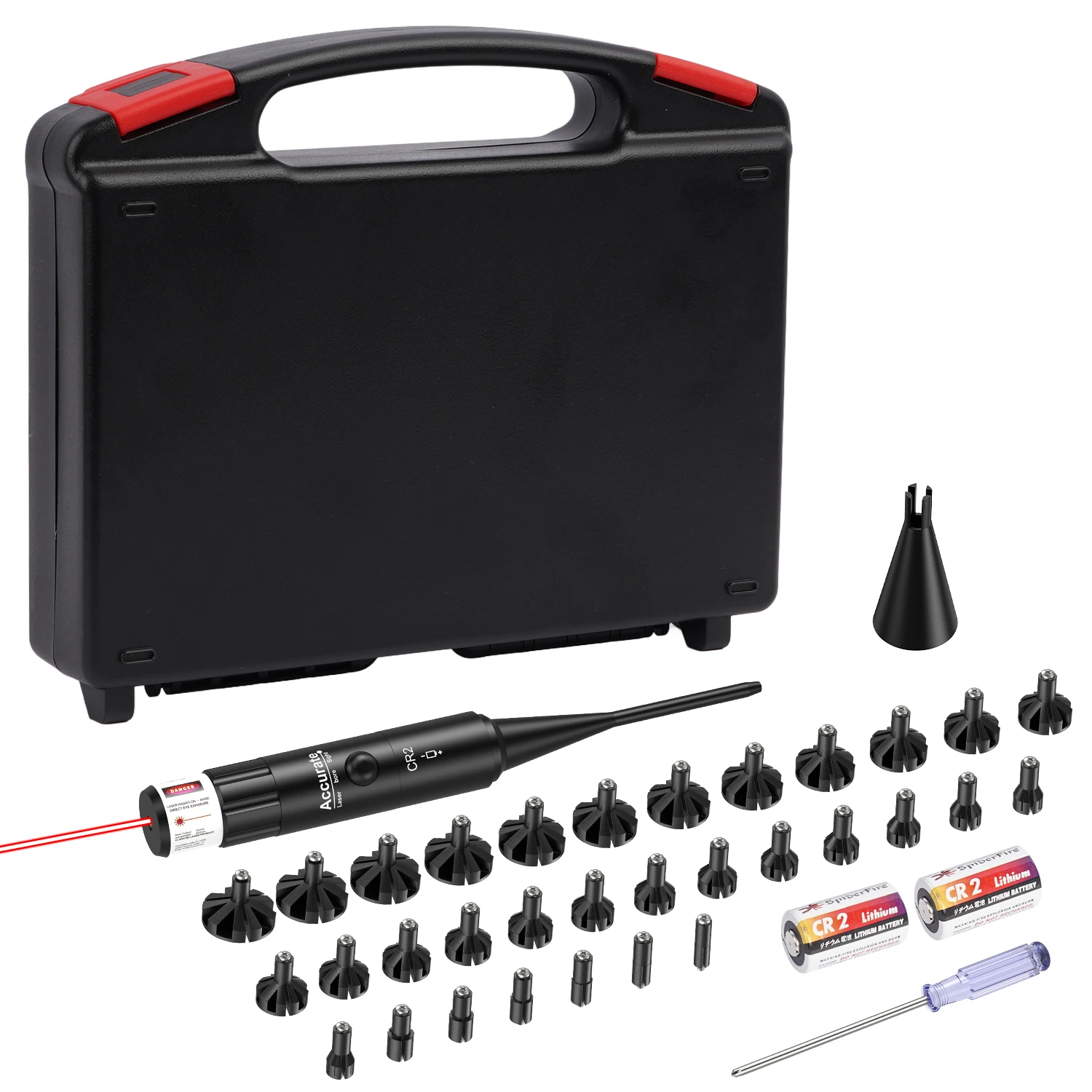 

Многокалиберный лазерный прицел-выравниватель с 32 адаптерами, охватывающий калибры от .17 до 12GA, зеленый лазер.