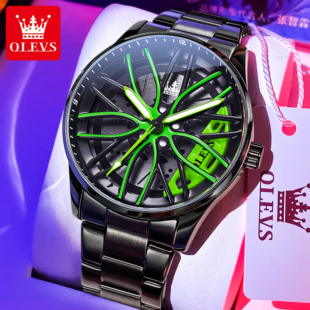 Olevs relógio masculino de luxo rotativo roda hub dial quartzo marca relógio à prova dwaterproof água luminosa aço inoxidável reloj masculino