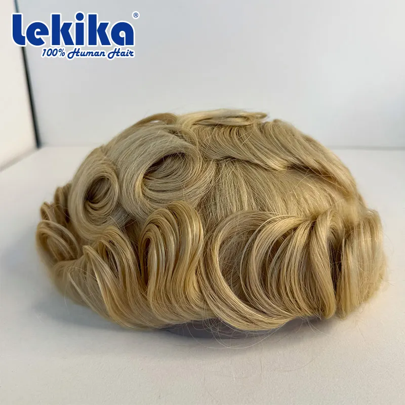 Peluca rubia 613 para hombres, tupé de repuesto de cabello humano europeo de 0,08-0,10 MM, de piel tupé Superfina, 100% cabello humano