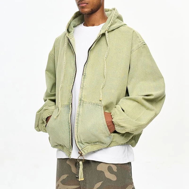 PFNW Menswear Washed Casual Green Hooded Jacket For Men Cleanfit Casual Loose Fit Denim Zipper Coat Autumn New Clothes 12C1429