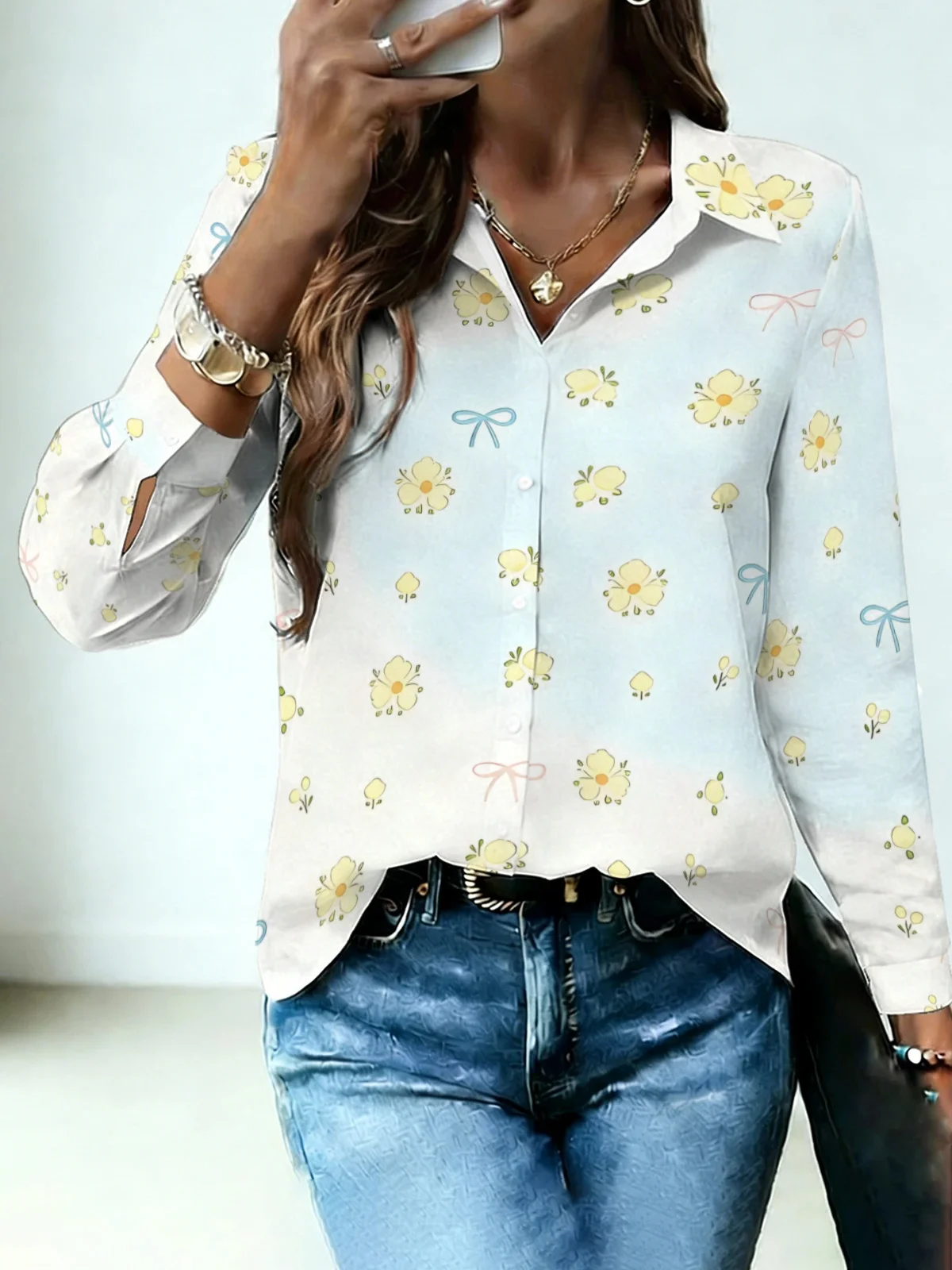 Soft Girly Floral Bow Womens Collared Shirt White Base All Over Small Yellow Flower Ribbon Print Long Sleeve Dating Street Blous