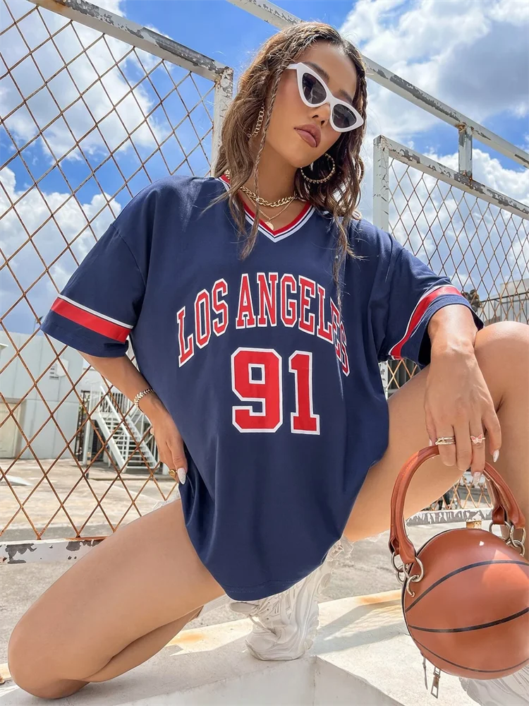 Los Angeles Number 91 TShirt For Men Women Summer Oversized V-neck Tee Harajuku Trend Short Sleeve Female Streetwear Tops Unisex