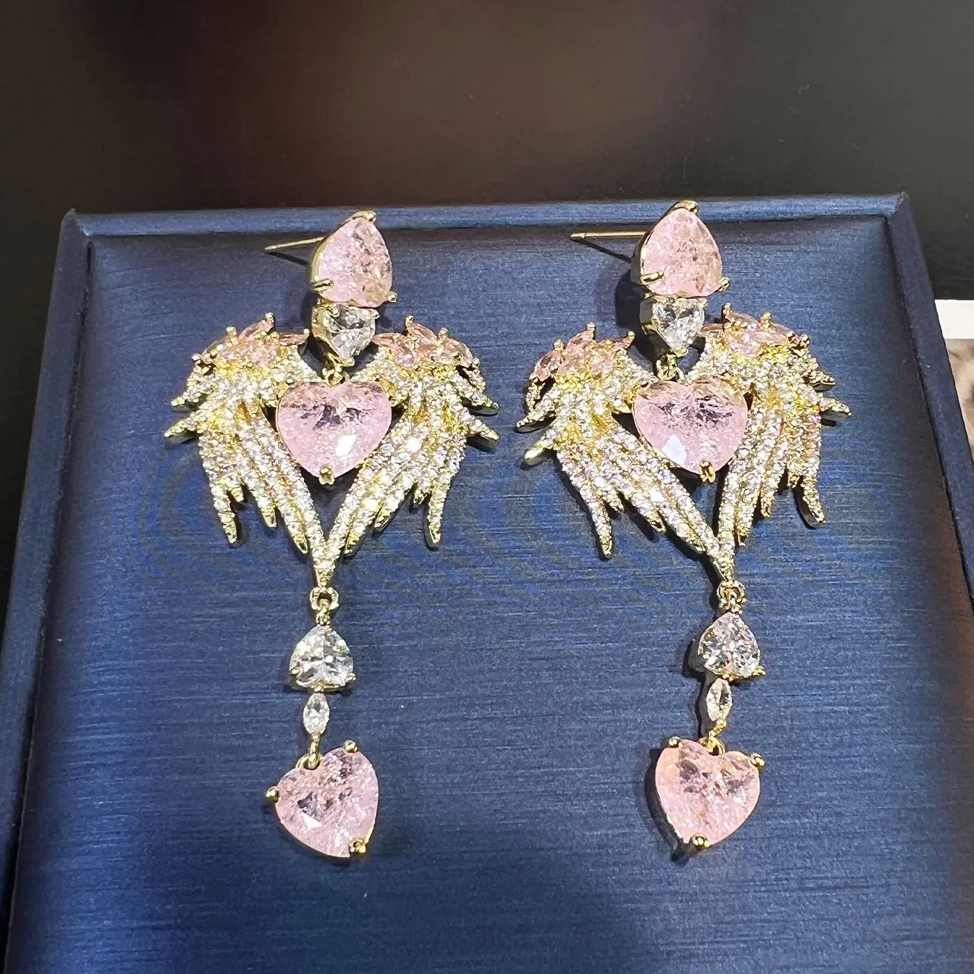 

Shiny Cubic Zirconia Purple Pink Heart Wing Earrings Long Tassel Statement Earrings for Women Girls Party Sparkling Jewelry