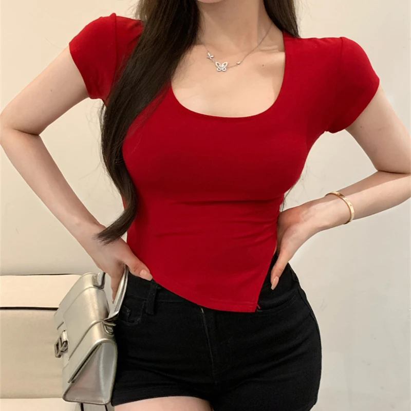Summer Korean Fashion Y2K T-shirt Woman Japanese Crop Top U-neck Split Sexy Red Pink White Tee Shirt Women Vintage Clothes