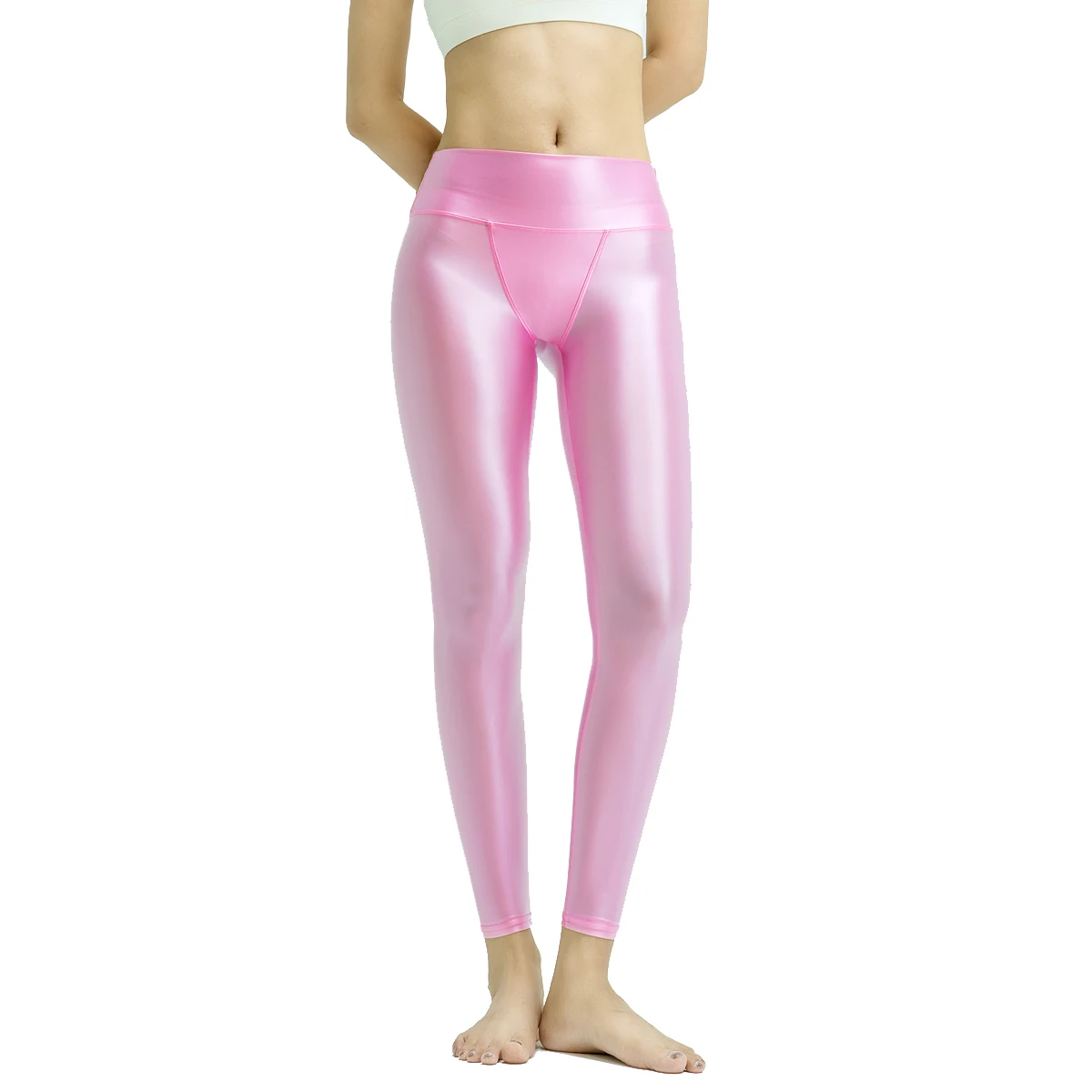 MJINM مثير بريق لينة السلس عالية الخصر مزدوجة الطبقات صغيرة الخامس المنشعب الكاحل طول السراويل اليوغا اللياقة البدنية الجمباز طماق ضيقة #3