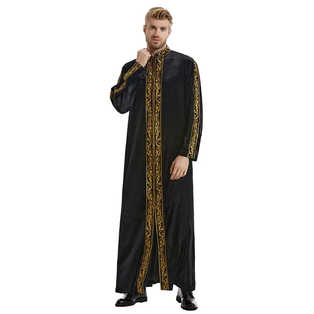 Middle East Muslim Gold Velvet Embroidery Men\'s Robe Arabian Islamic Prayer Dress National Costume Noble Luxury Long-sleeved Top