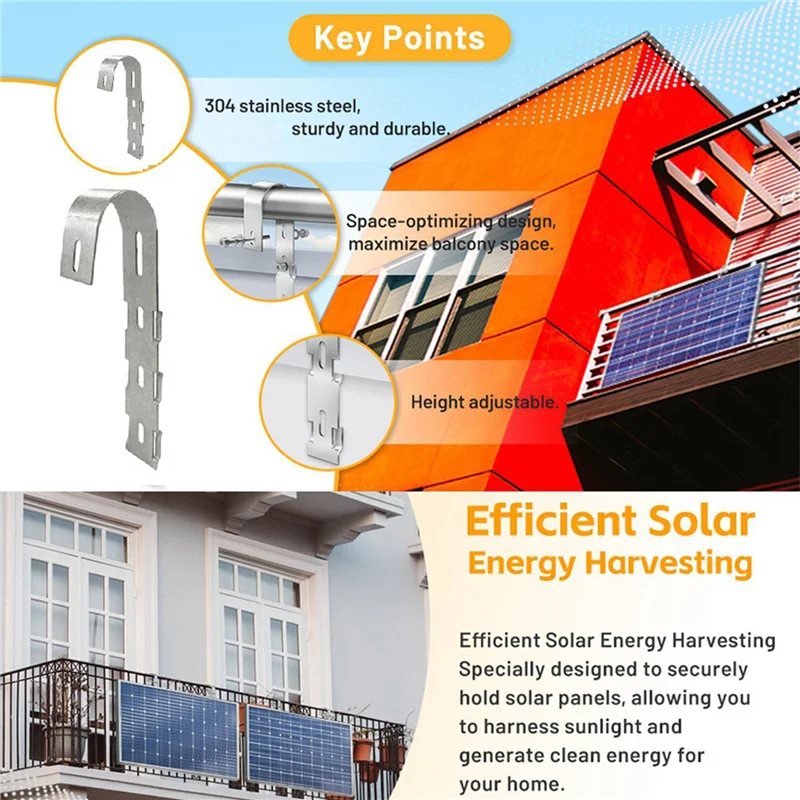 

AB41-8X Solar Panel Balcony Hook 304 Stainless Steel Photovoltaic Panel Mounting Bracket Balcony Fence Solar Module Bracket