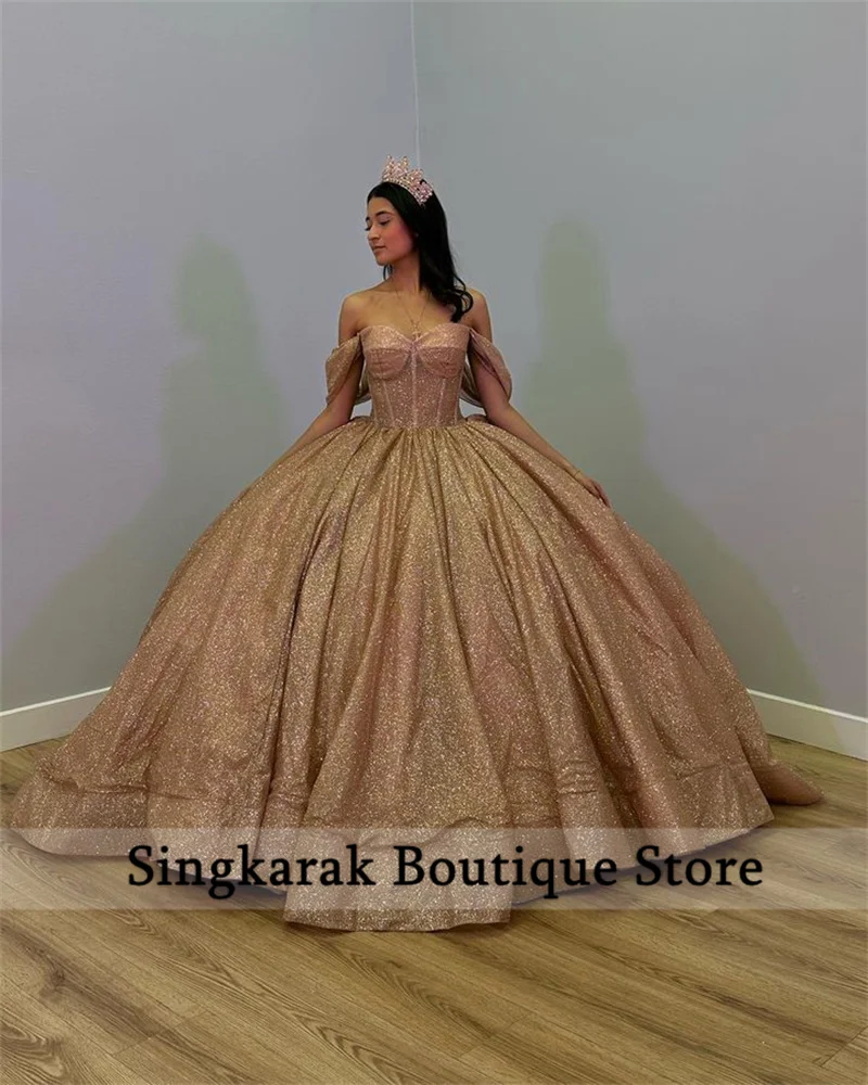 Vestido De baile De lujo para quinceañera, brillante, oro rosa 2023, sin hombros, dulce 16, con cordones, 15 años