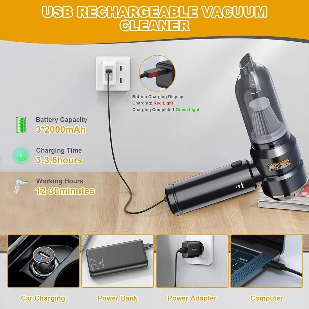 4-in-1 Cordless Handheld Vacuum Cleaner 16000Pa Suction Digital Display Portable Car Cleaning Tool with Blower Air Pump