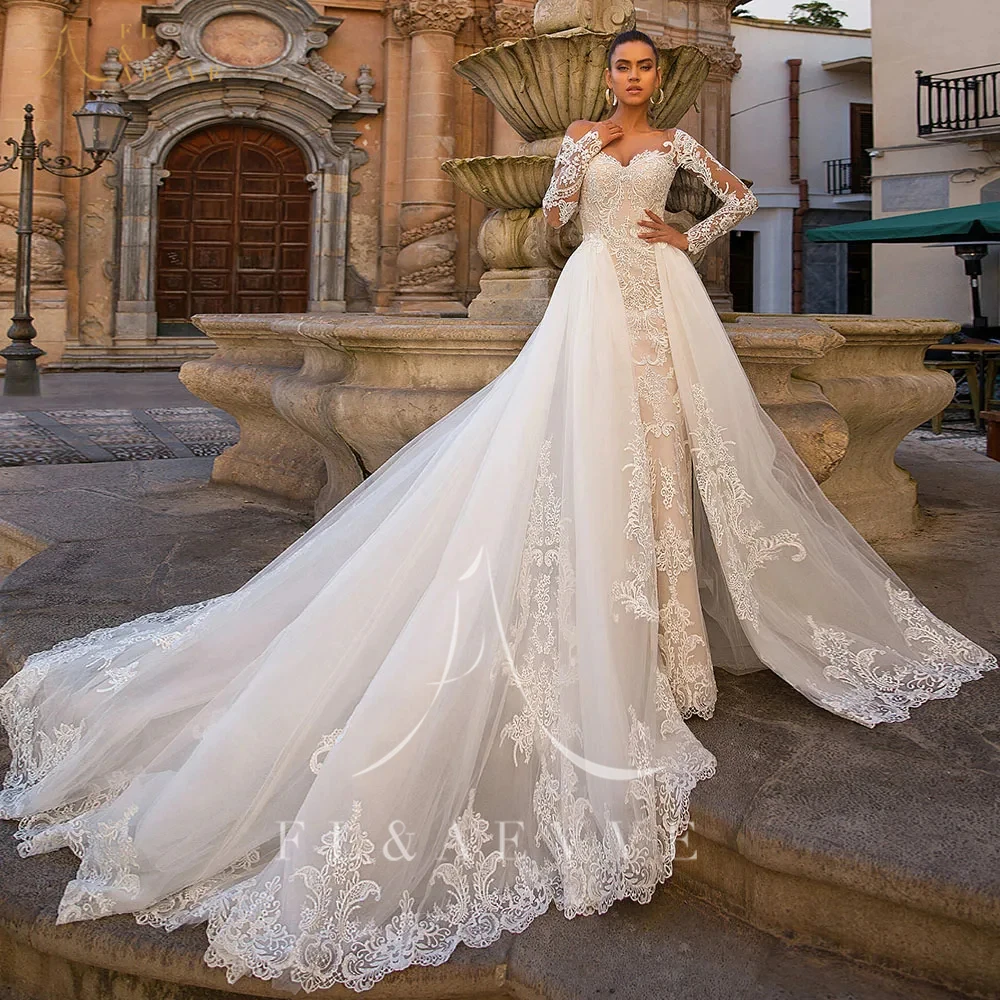 FL & AEVVE رقبة سكوب أزرار حتى كم طويل يزين 2 قطعة فستان زفاف حورية البحر مع ذيل قابل للانفصال مخصص #1