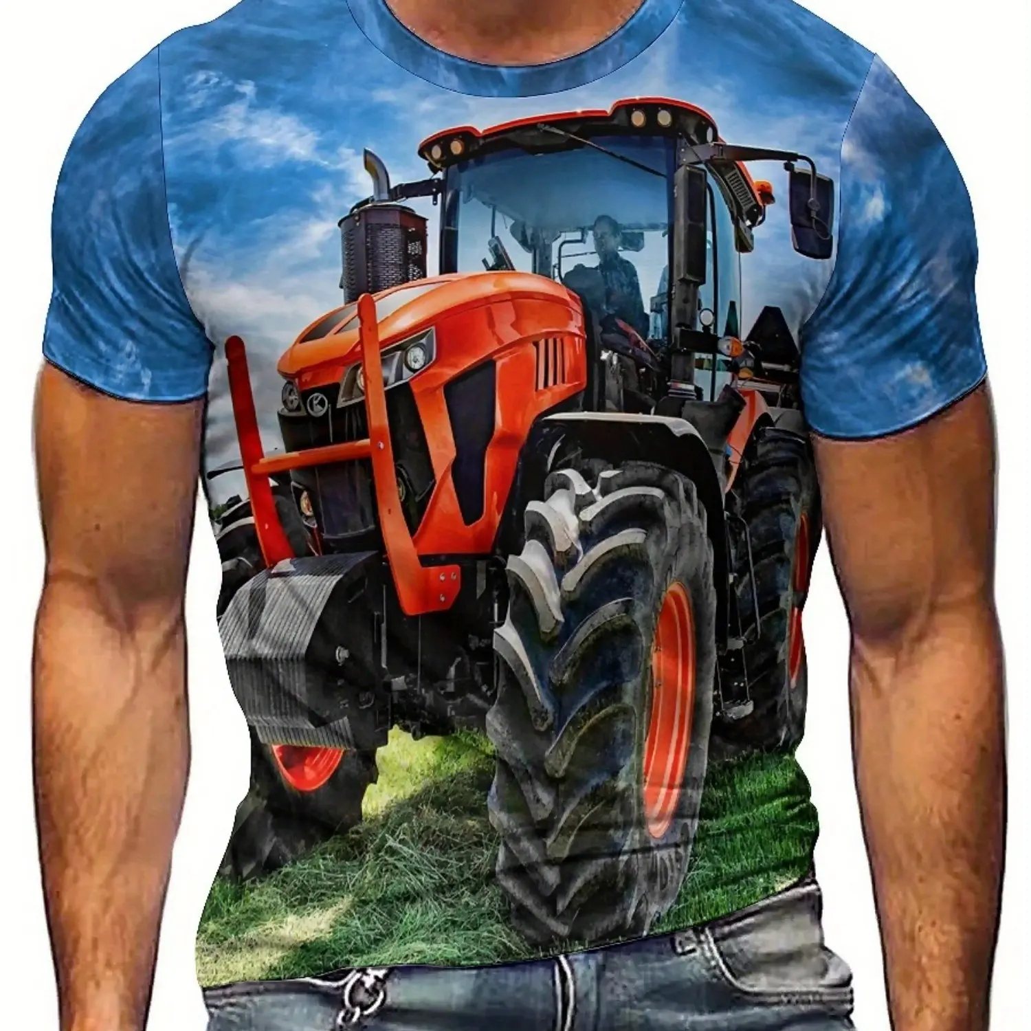 Camiseta masculina e feminina de manga curta com estampa 3D de trator agrícola – poliéster leve e respirável, conforto para todas as estações,