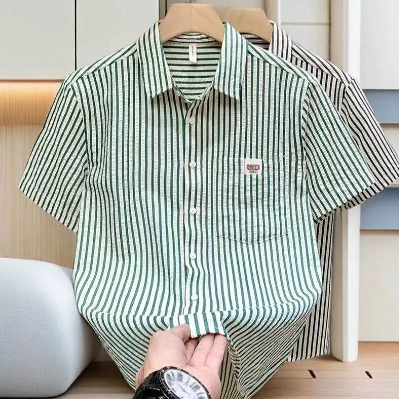 2026 Summer New Men's Bubble Stripe Short Sleeve Shirt Quick Dry Ice Silk Sun Protection Handsome Large Size Jacket Coat