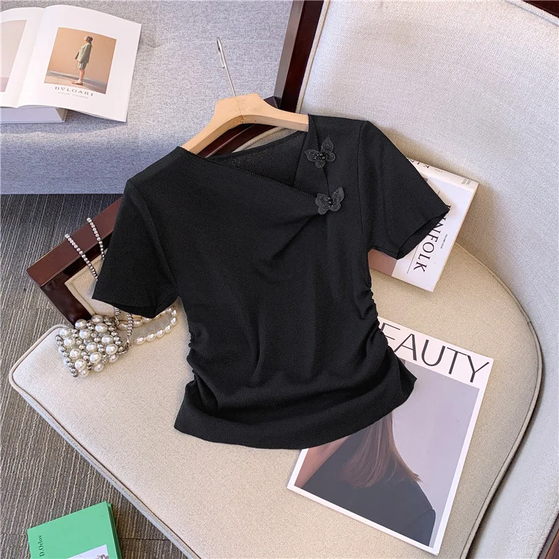 Top women's summer dress new pure desire wind small fragrance three-dimensional bow short design short sleeve shirt.