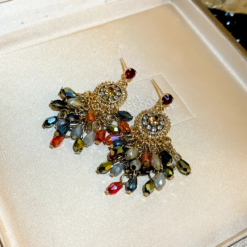 Vintage Colorful Rhinestone Water Drop Earring for Women Imitation Pearl Crystal Beads Earrings with Tassel Ear Jewelry K-
