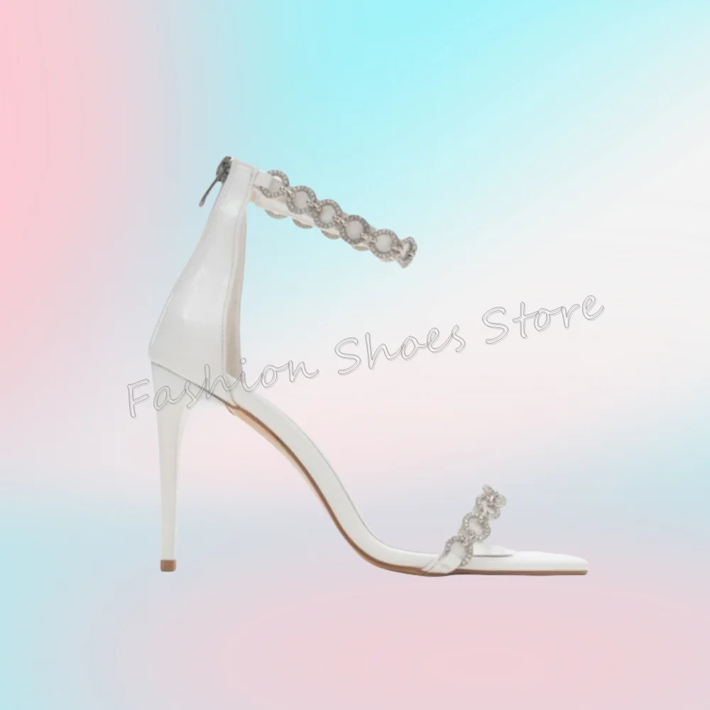 الأبيض كريستال سلسلة ديكور عودة زيبر الصنادل الخناجر عالية الكعب أحذية عالية الكعب للنساء الكعوب 2025 جديد Zapatos Para Mujere