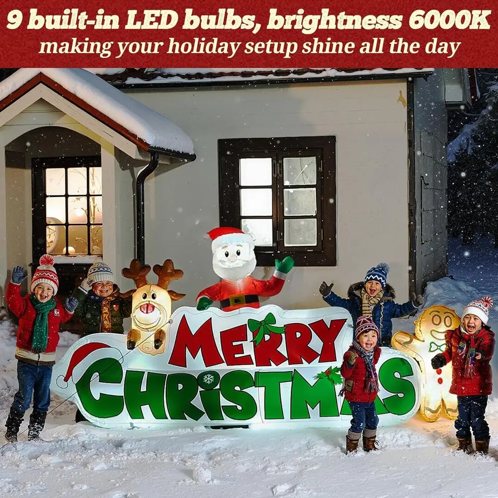 Christmas Inflatable Santa Reindeer Gingerbread Man Sign, LED Lit Outdoor Yard Garden Lawn Winter Decor