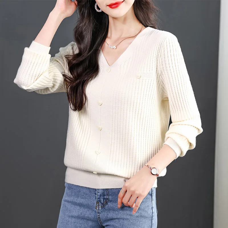 

Women's V-neck Knitwear Thick Casual Loose Jumper Autumn Winter All-match Fashion Sweaters Simple Solid Button Tops