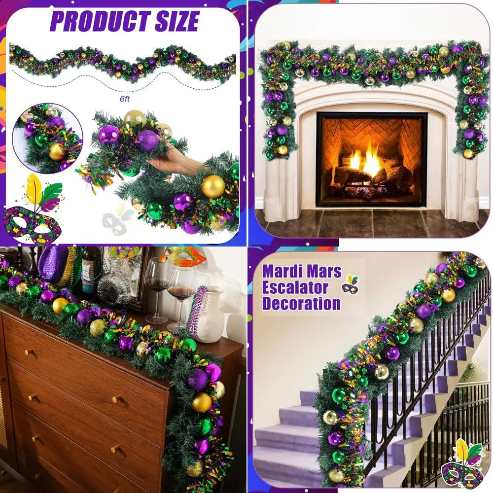 

Фиолетовая, зеленая и золотая гирлянда Марди Гра с 9-футовыми шариковыми украшениями для праздничных дверей и лестниц