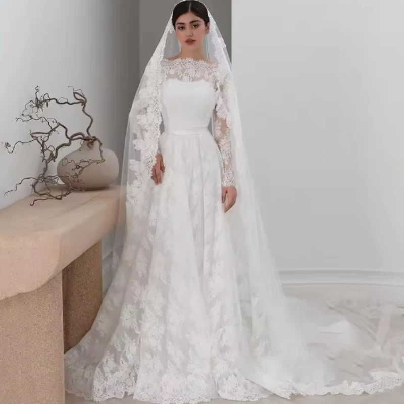 

Exquisite Lace Wedding Dresses Full Sleeves Boat Collar Arabian Bride Dress Court Train Bridal Gown Customized robe de mariée