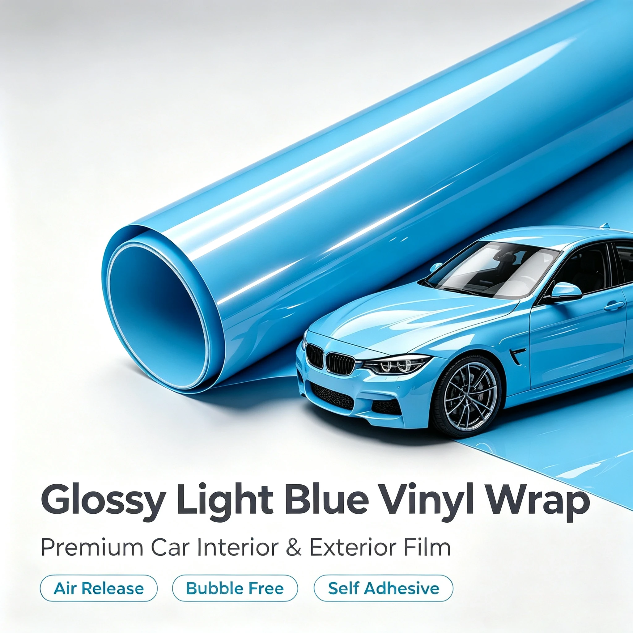 Glänzende hellblaue Auto-Vinylfolie, selbstklebende Farbwechselfolie, blasenfreie PVC-Autokarosserie-Dekorationsfolie, Aufkleber.