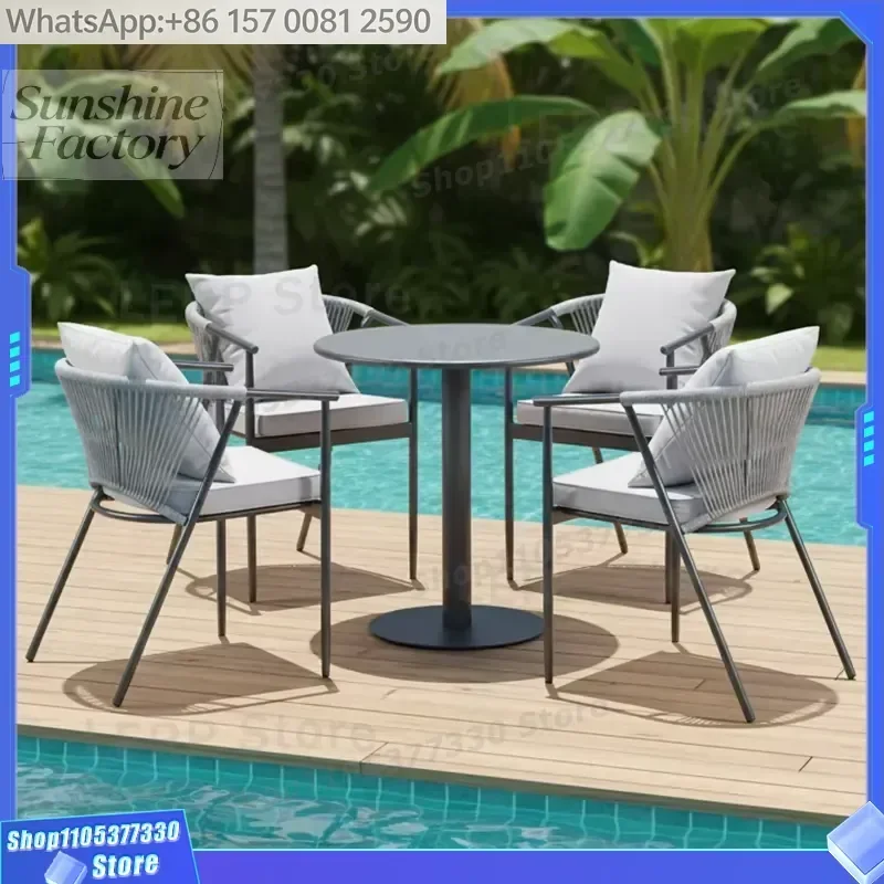 Modern Patio Furniture Dinning Table Set Outdoor Dining Chair Metal Table and Rope 4 Chairs for Restaurant