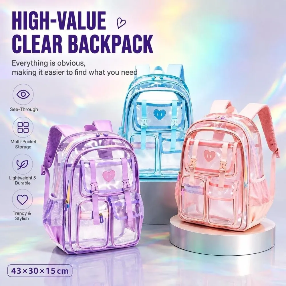 Multi Pocket Clear Backpack Zippered Large Capacity Transparent Bookbag Lightweight Waterproof PVC School Bag School,Travel,Gym