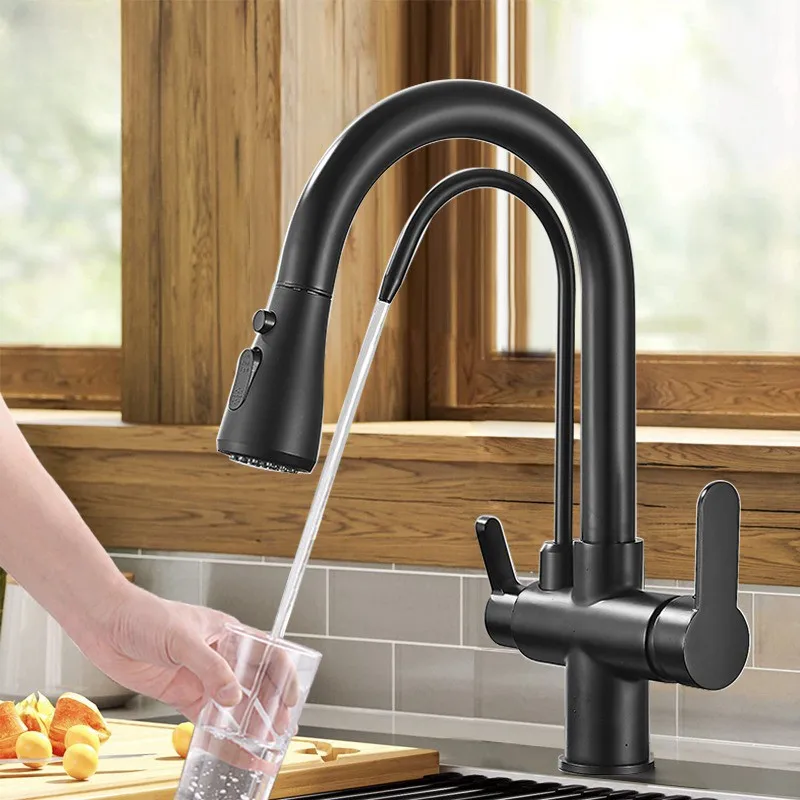 

Matte Black Filtered Crane For Kitchen Pull Out Spray 360 Rotation Water Filter Tap Three Ways Sink Mixer Faucet