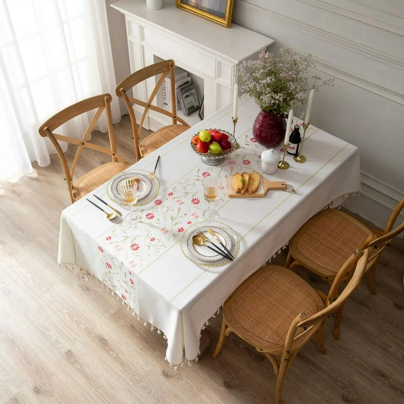 Cotton Linen Embroidery Tablecloths Rectangle Dust Proof Table Cover, Embroidery flower Pattern Table Cloths,Party  Decor