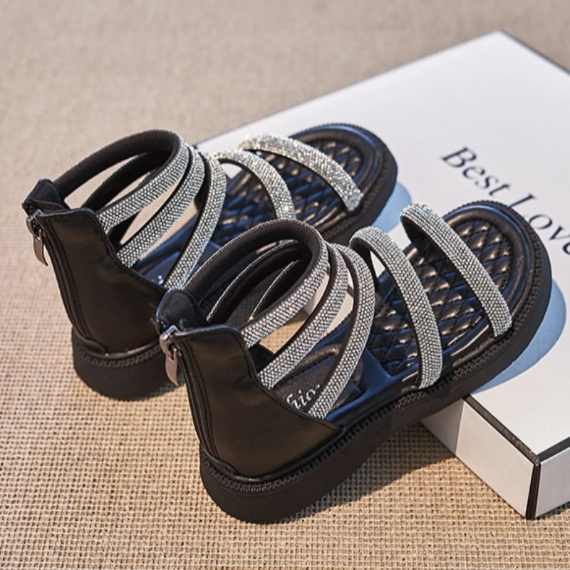 Fashion Plus Size Girls Shoes 2026summer New Kids Rhinestone Roman Sandals Comfort Anti Slip Girl Beach Shoes Sandalias De Mujer