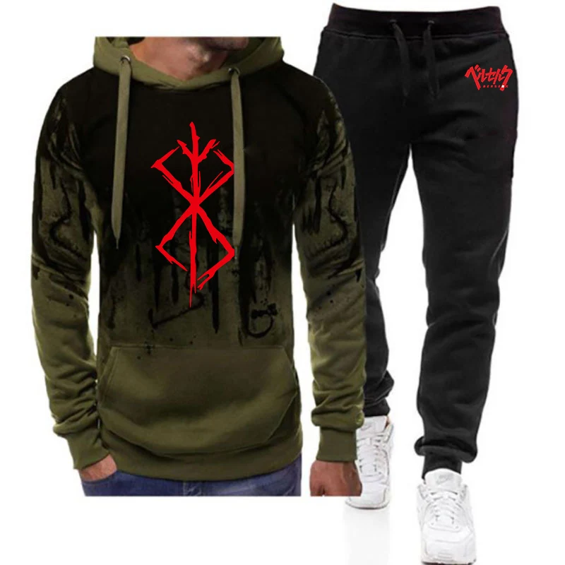Japan Anime Print 2025 Spring And Autumn Men's New Harajuku Gradient Color Hoodies + Pants Casual Two Piece Suit
