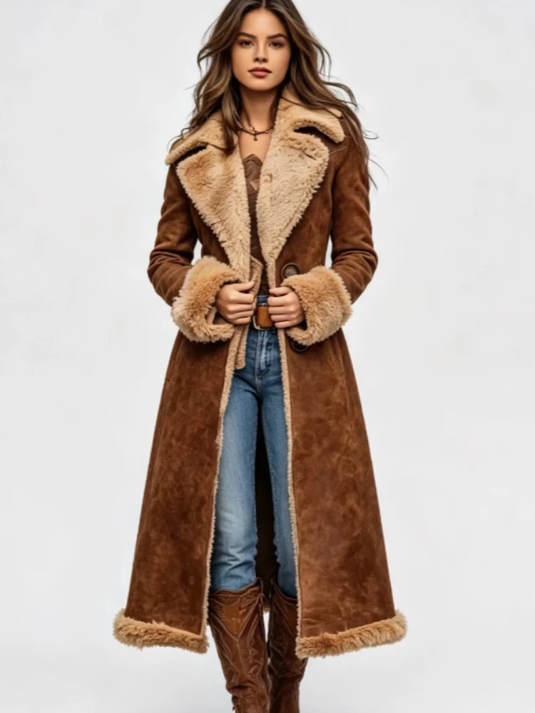 Western Denim Plush Autumn and Winter Fashionable Warm Coat Outdoor Windproof Slim Fit Windbreaker Women's Brown Vintage Coat