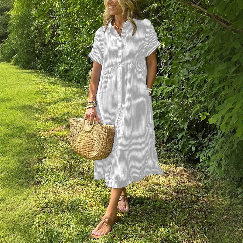 Vestido camisero de verano para mujer, vestido veraniego por debajo de la rodilla de manga corta de lino y algodón holgado informal, cómodo y ligero, 2025