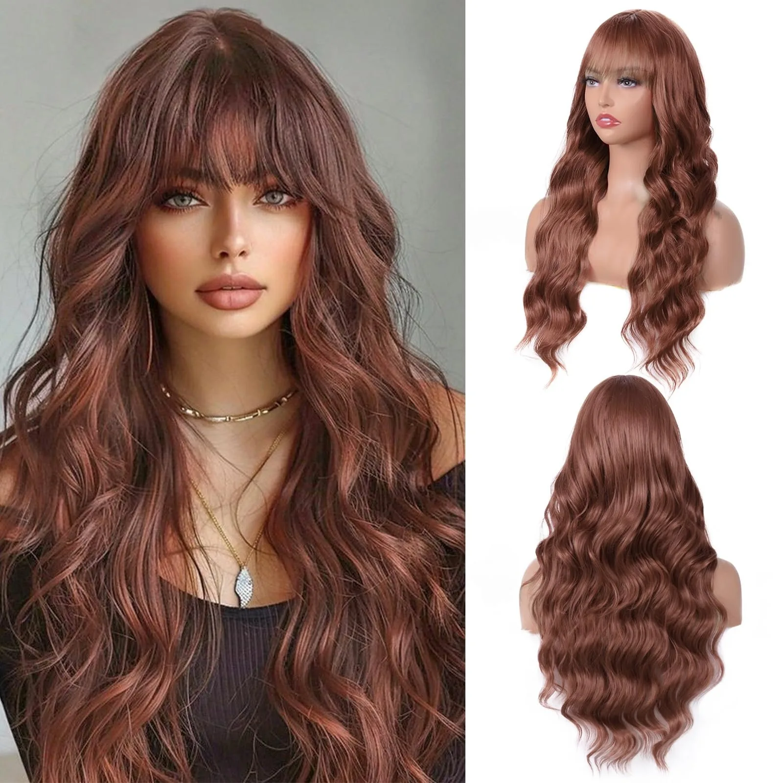 Brown Synthetic Wig with Big Waves, Halloween Party Cosplay Wig, Everyday Wig, High-Temperature Hair Accessory Wig Set