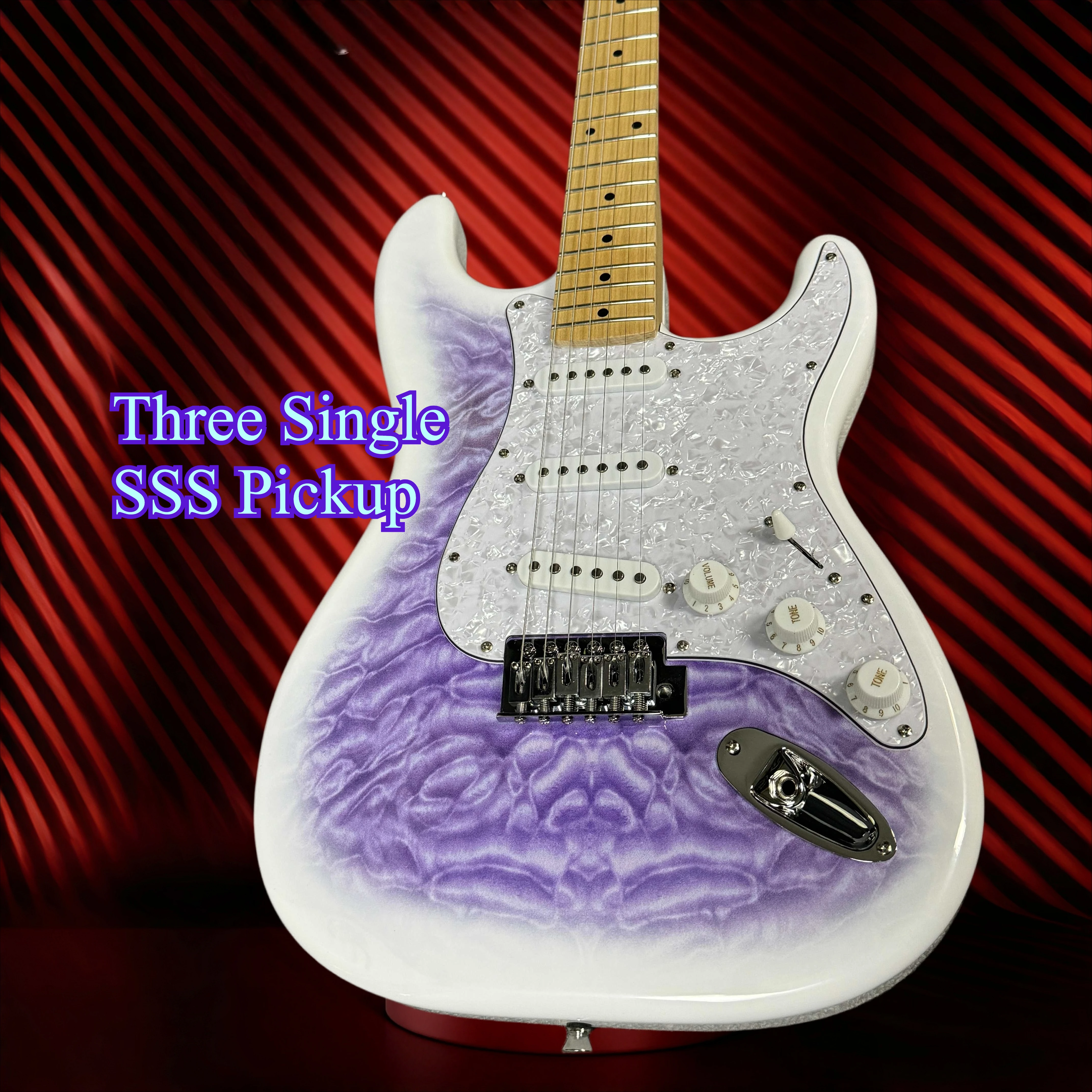 STP White Purple Gradient Water Ripple Electric Guitar, Three Single SSS Pickup, Pearl Guard, Pop Blues Voiceless Rock Guitar