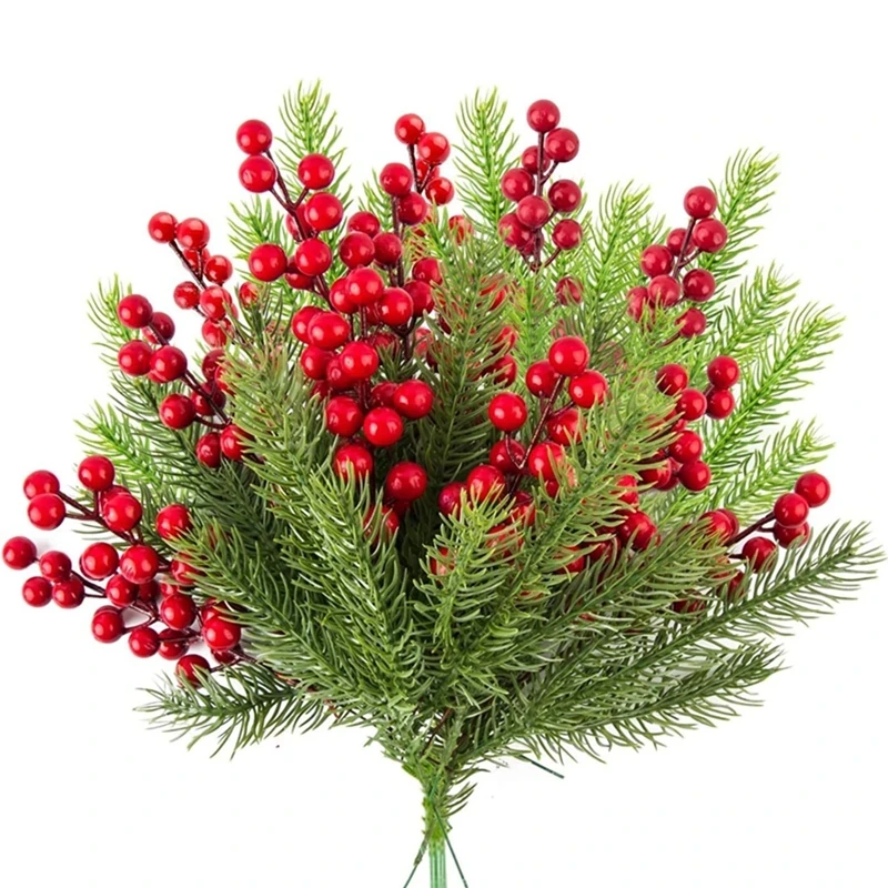 10Pcs Christmas Decorative Artificial Red Pine Branch Christmas Decoration Artificial Fir Branches Holly Berries Christmas Decor