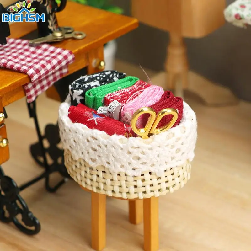 1/12 Dollhouse Miniature Accessories Mini Sewing Tools Basket Simulation Scissors Cloth Ruler For Miniature Scene Decoration